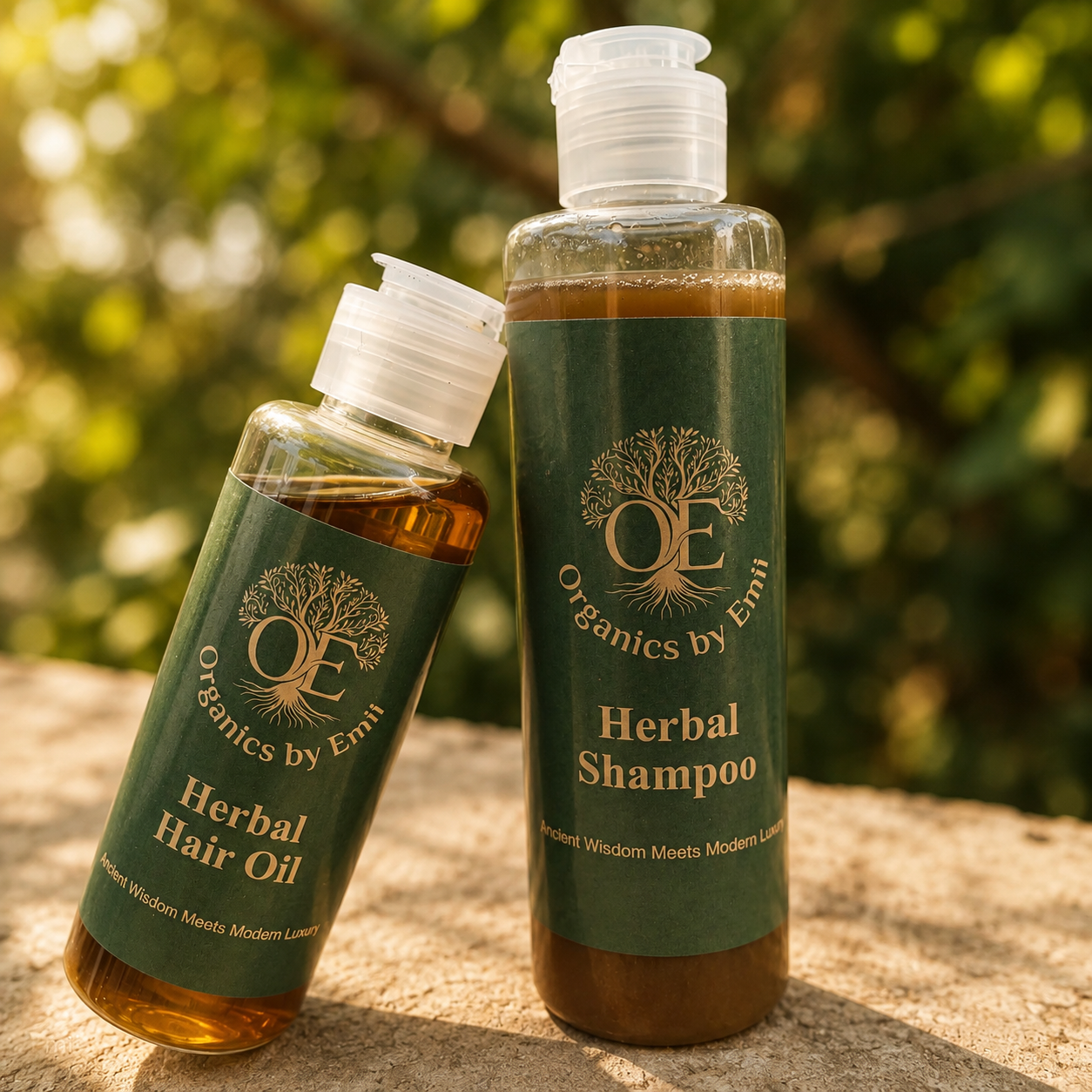 Organics by Emii shampoo, hair oil on marble with rosemary sprigs